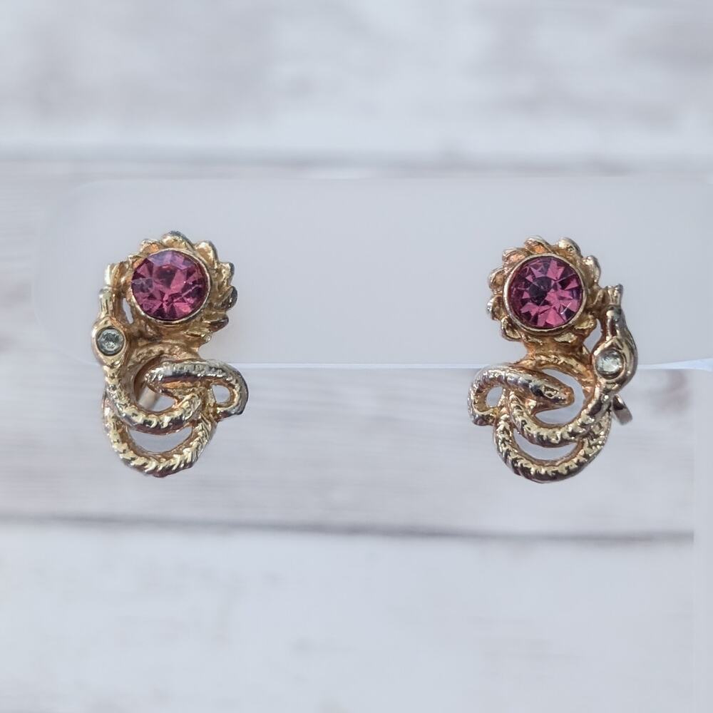 Vintage Screw On Earrings Gold Tone with Pink & Clear Gems